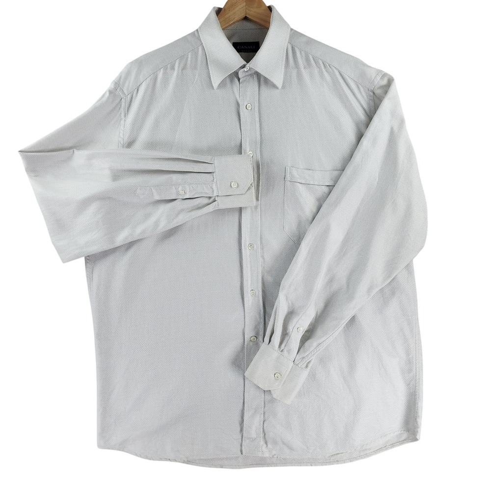 Canali Dress Shirt Men 43/17 White Grey Textured Micro Pattern 100% Cotton Italy